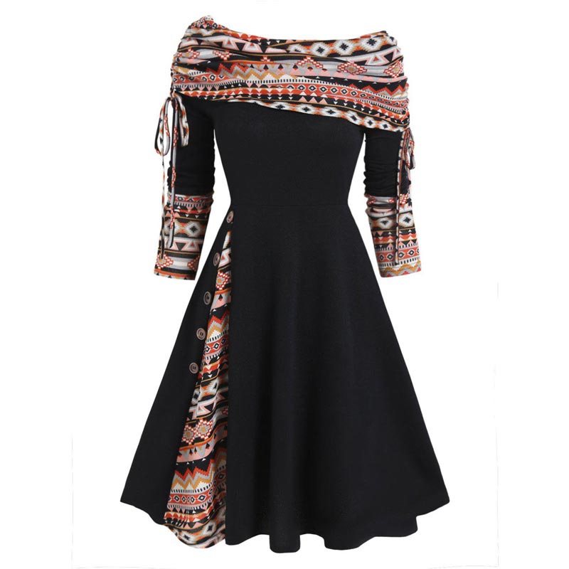 Black High Elasticity Geometric Print Cashmere Stitching Retro Dress | Nomadzens