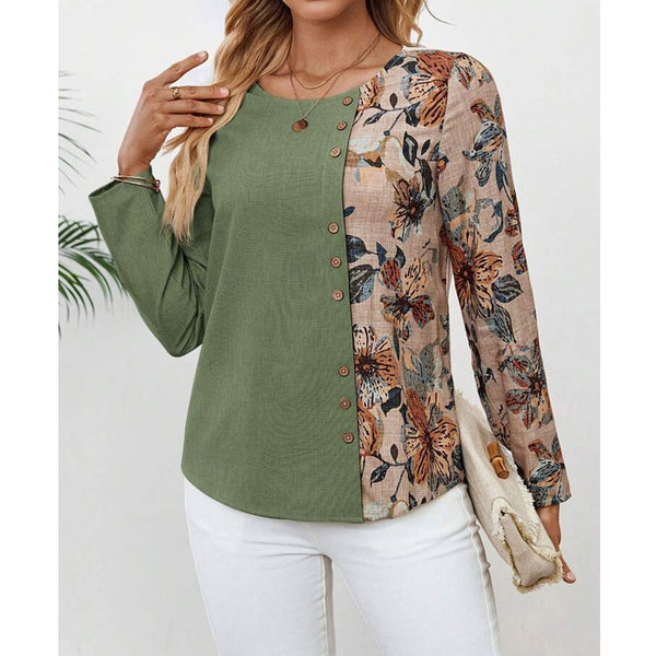 Flower Splicing Printed Long Sleeves Round Neck Button Decoration Shirt Women's Top | Nomadzens