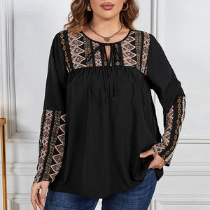 Plus Size Geometric Pattern Stichting Long Sleeves Top | Nomadzens