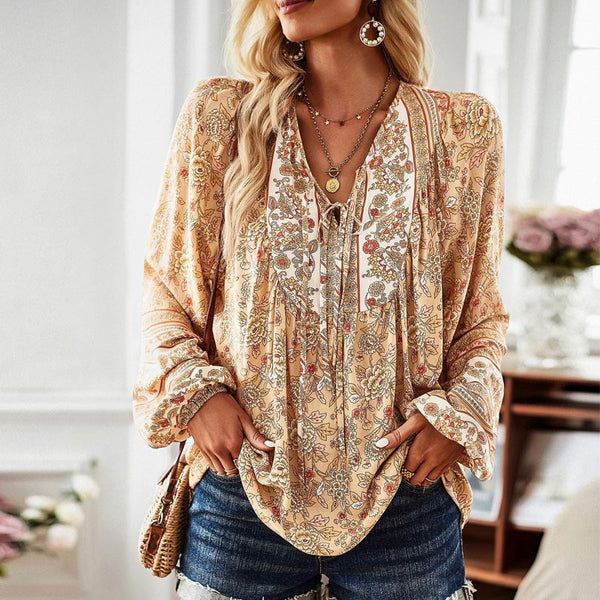 Latern Long Sleeve V-Neck Flower Printed Blouse Top | Nomadzens