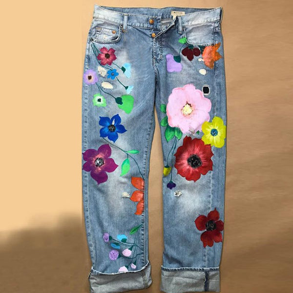 Flower Print Straight Jeans | Nomadzens