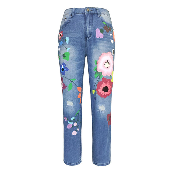 Flower Print Straight Jeans | Nomadzens