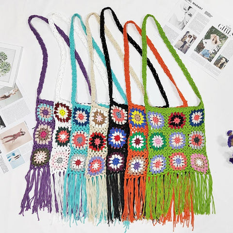 Handmade Crocheted Random Mixed Color Stitching Tassel Bag | Nomadzens