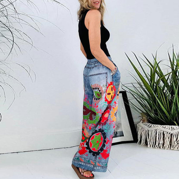 Boho Faux Denim Printed Pocket Loose Casual Printed Drawstring Pants | Nomadzens