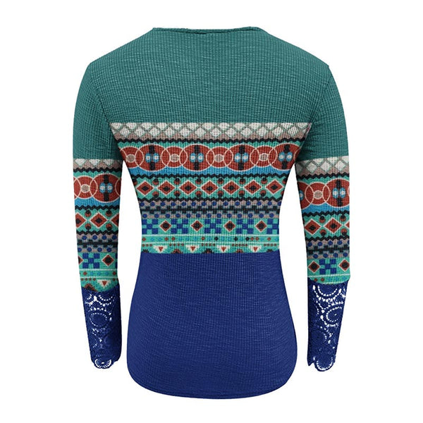 Geometric Printed Lace Stitching Long Sleeve Top | Nomadzens