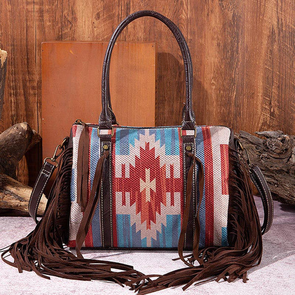 Aztec Print Mixed Color Stitching Tassel Boston Bag Handbag | Nomadzens