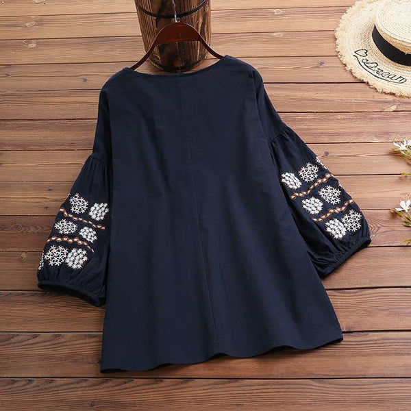 Round Neck Embroidered Lantern Sleeve Loose Top Shirt | Nomadzens