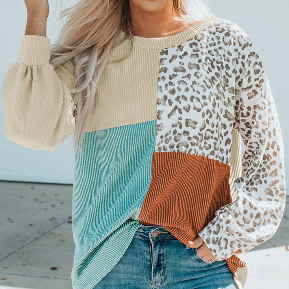 Casual Long Sleeves Contrast Color Leopard Printed Women's Top | Nomadzens