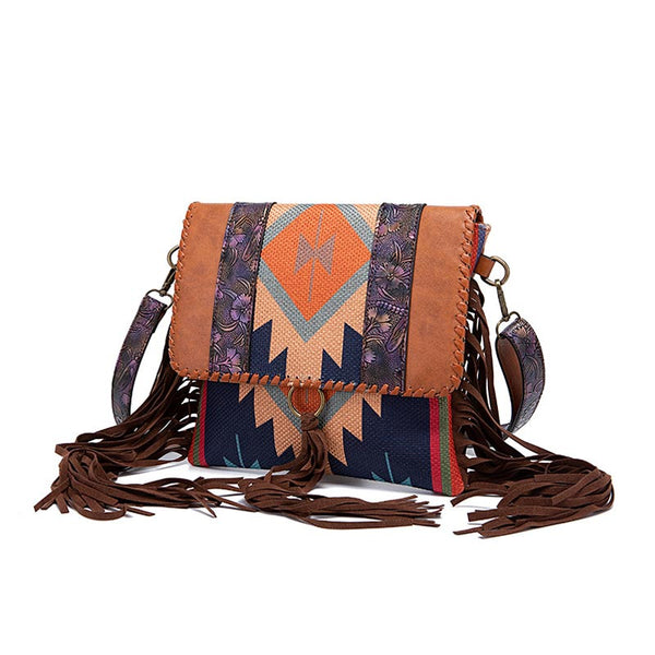 Aztec Print Mixed Color Stitching Tassel Satchel Handbag | Nomadzens