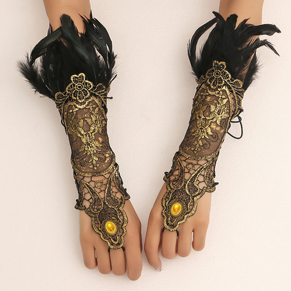 Retro Hollow out Lace Stitching Feather Arm Chain Gloves | Nomadzens