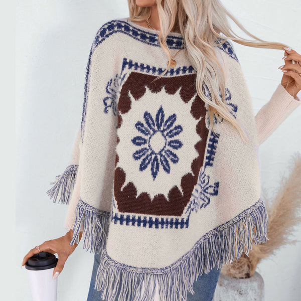 Aztec Women's Knitted Tassel Shawl Casual Loose Jacquard One-piece Collar Cape Coat Cloak | Nomadzens