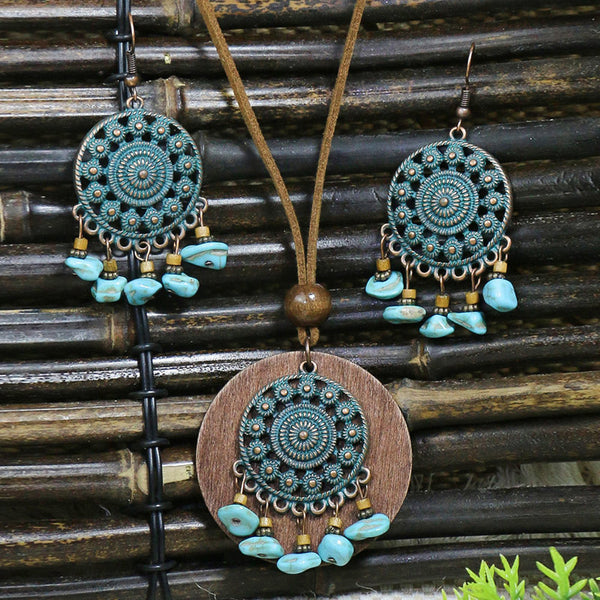 Retro Boho Geometric Pattern Necklace Earring Set Jewelry Set | Nomadzens