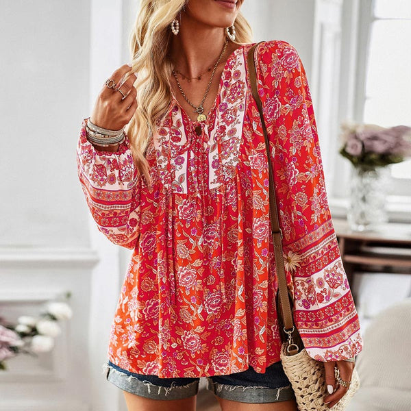 Latern Long Sleeve V-Neck Flower Printed Blouse Top | Nomadzens