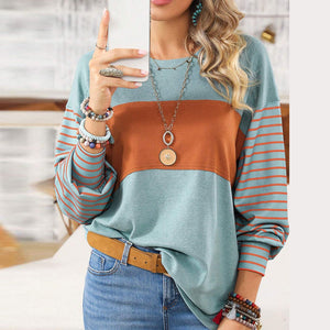 Casual Long Sleeves Contrast Color Stripes Printed Women's Top | Nomadzens