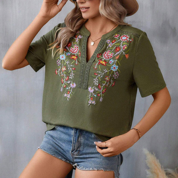 Short Sleeves Flower Patterns Embroidered V Neck Shirt Women's Top | Nomadzens