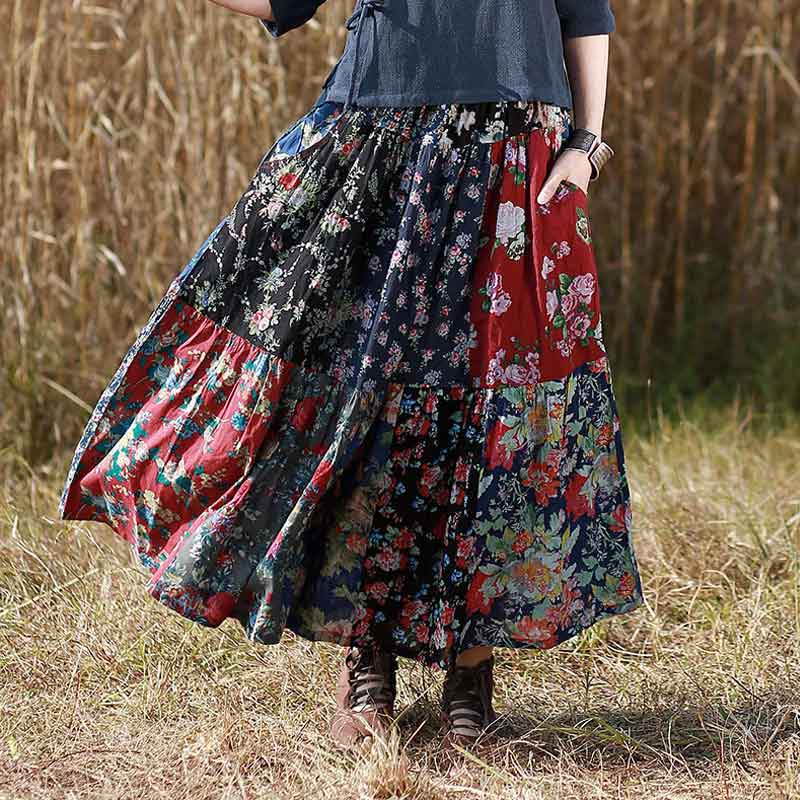 Flower Print Ethnic Style Elastic Waist Stitching Long Skirt | Nomadzens