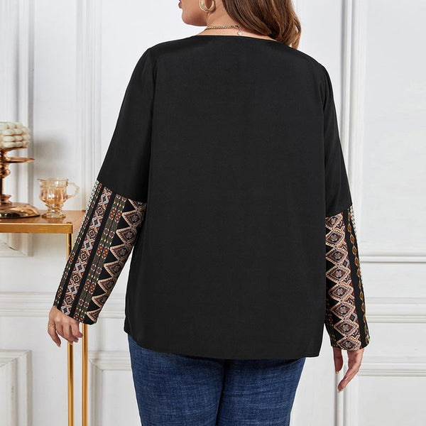Plus Size Geometric Pattern Stichting Long Sleeves Top | Nomadzens