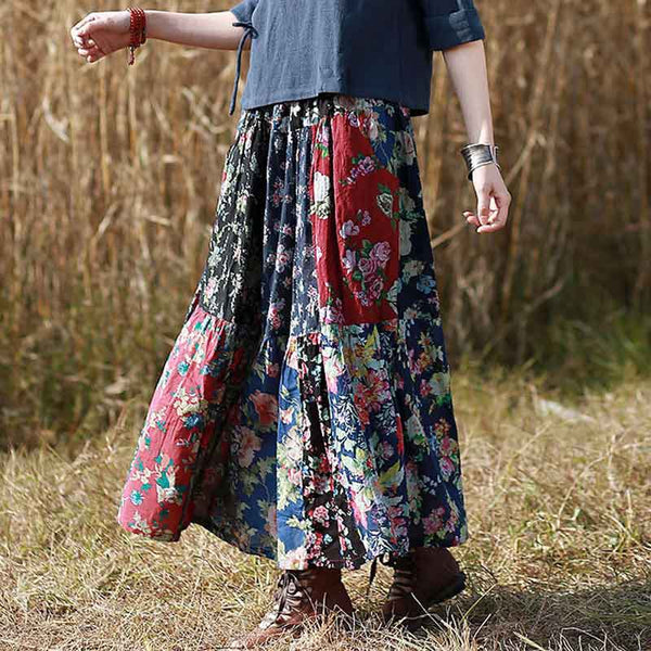 Flower Print Ethnic Style Elastic Waist Stitching Long Skirt | Nomadzens