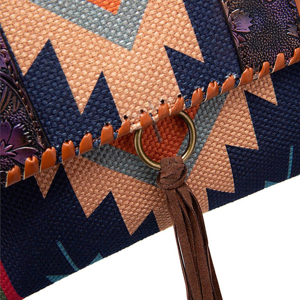 Aztec Print Mixed Color Stitching Tassel Satchel Handbag | Nomadzens