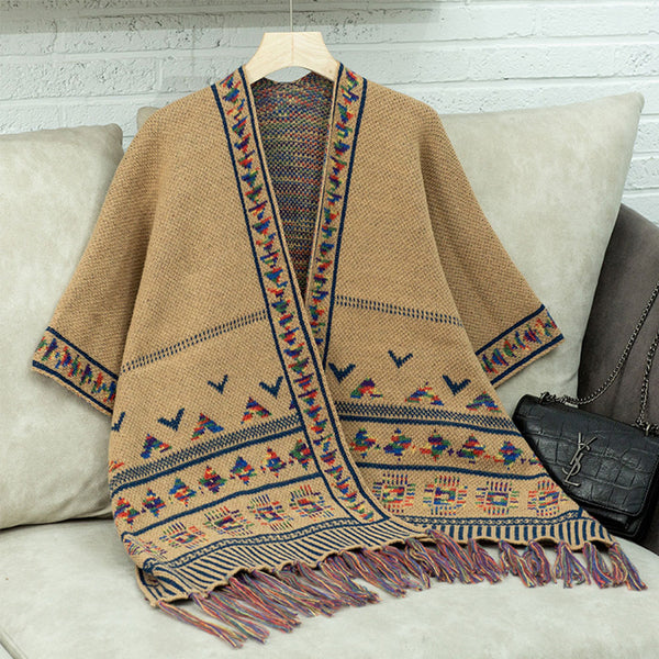 Aztec Women's Autumn and Winter Knitted Tassel Shawl Casual Loose Jacquard Cape Coat Cloak | Nomadzens