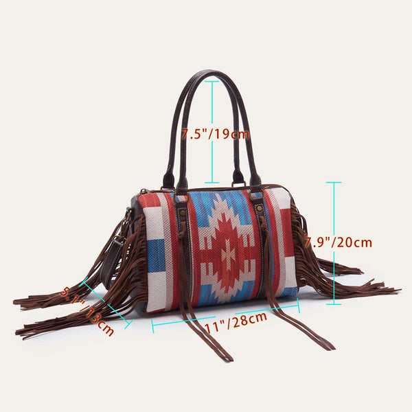 Aztec Print Mixed Color Stitching Tassel Boston Bag Handbag | Nomadzens