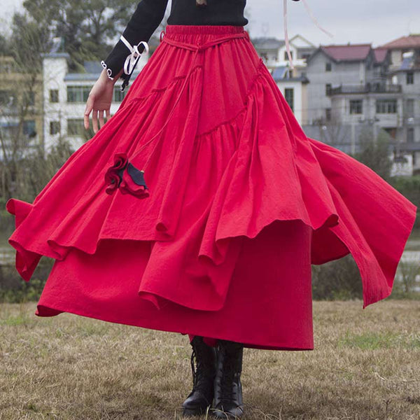 Retro Layered Irregular Hem Solid Color Cotton Skirt | Nomadzens