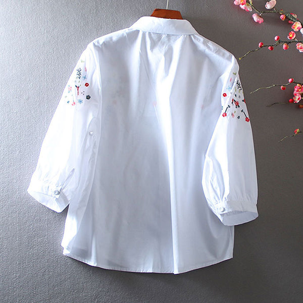 Boho Chic White 3/4 Sleeves Flower Patterns Embroidered Shirt | Nomadzens