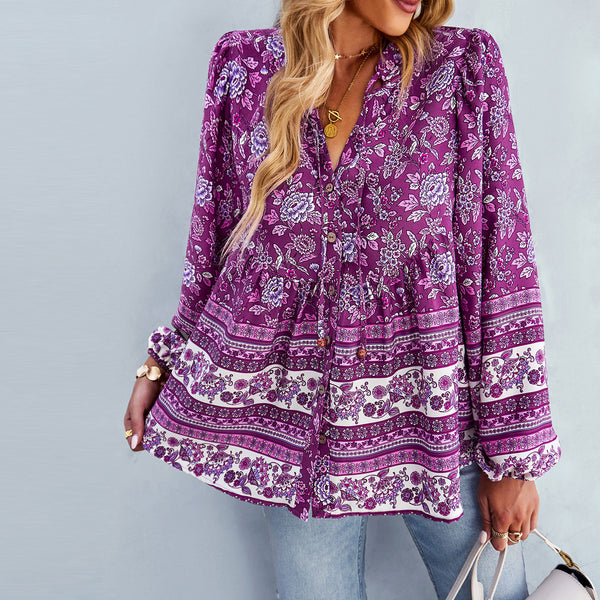 Latern Long Sleeve Boho Flower Printed Blouse Top | Nomadzens