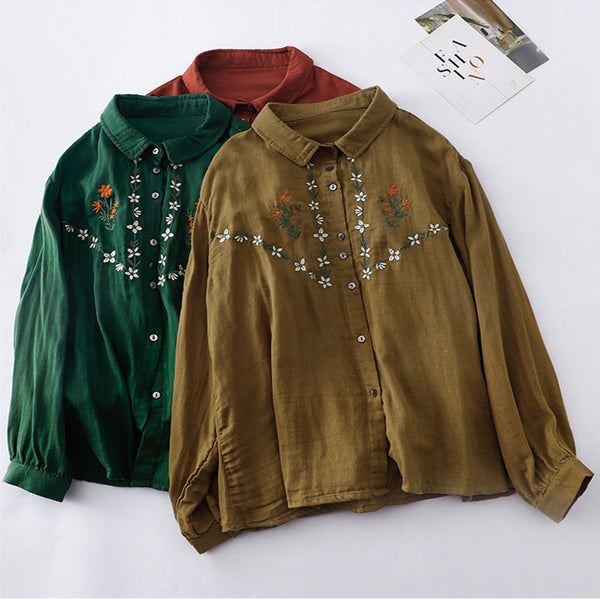 Embroidered Loose Casual Women's Long-sleeved Shirt Cotton and Linen Shirt | Nomadzens