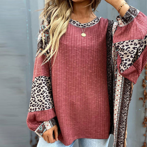 Loose Fit Long Sleeves Flower and Leopard Printed Casual Top | Nomadzens