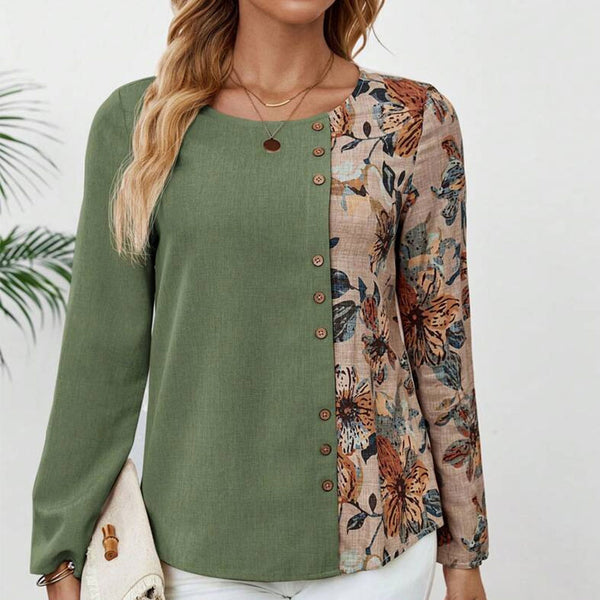 Flower Splicing Printed Long Sleeves Round Neck Button Decoration Shirt Women's Top | Nomadzens