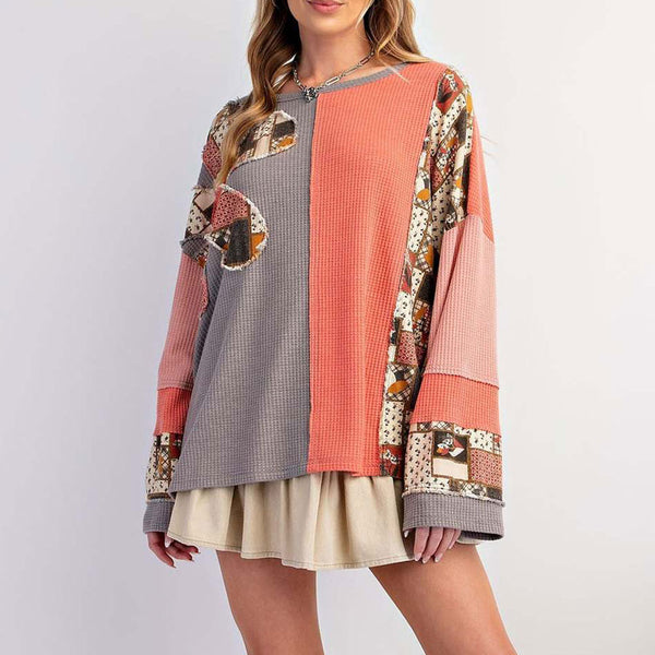 Flower Printed Loose Fit Casual Contrast Color Long Sweatshirt Women's Top | Nomadzens