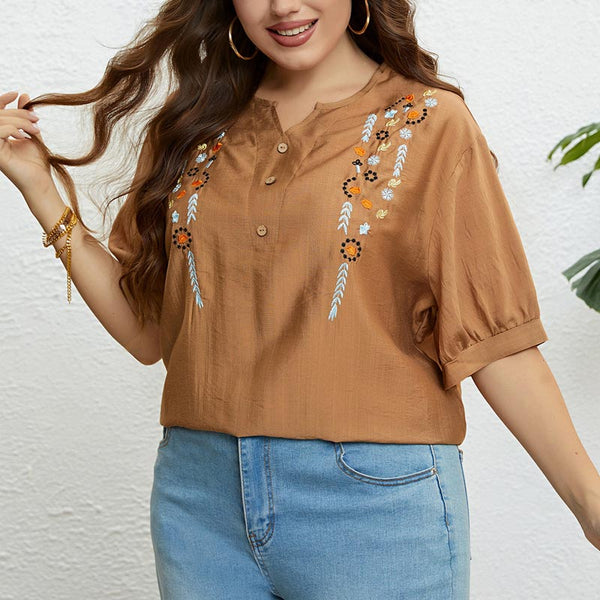 V-Neck 3/4 Sleeves Floral Embroidery Loose Fit Shirt | Nomadzens