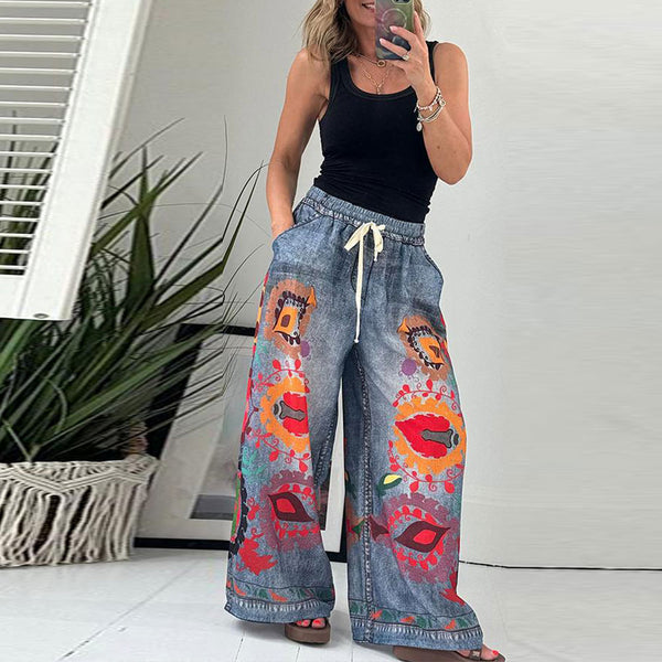 Boho Faux Denim Printed Pocket Loose Casual Printed Drawstring Pants | Nomadzens