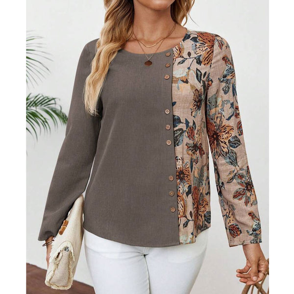 Flower Splicing Printed Long Sleeves Round Neck Button Decoration Shirt Women's Top | Nomadzens