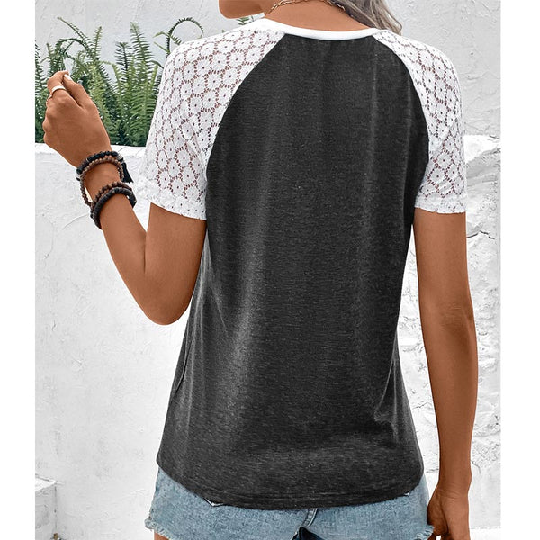 Color Block Lace Panel Casual Short Sleeve T-Shirt | Nomadzens