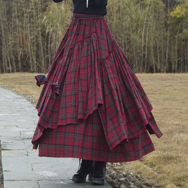 Retro Layered Irregular Hem Plaid Cotton Skirt | Nomadzens