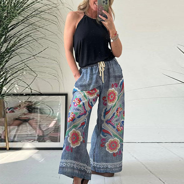 Boho Faux Denim Printed Pocket Loose Casual Printed Drawstring Pants | Nomadzens