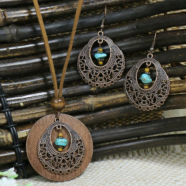 Retro Boho Geometric Pattern Necklace Earring Set Jewelry Set | Nomadzens