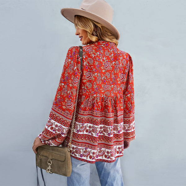 Latern Long Sleeve Boho Flower Printed Blouse Top | Nomadzens