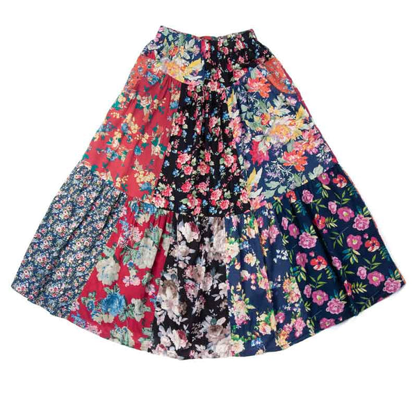 Flower Print Ethnic Style Elastic Waist Stitching Long Skirt | Nomadzens