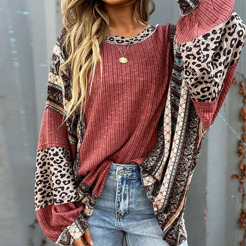 Loose Fit Long Sleeves Flower and Leopard Printed Casual Top | Nomadzens