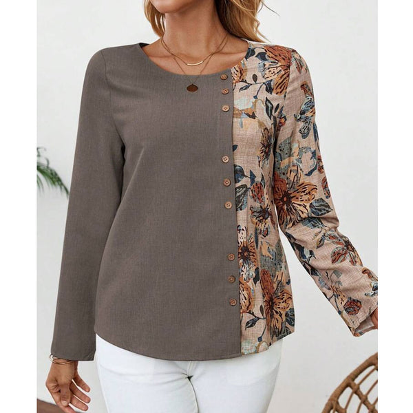 Flower Splicing Printed Long Sleeves Round Neck Button Decoration Shirt Women's Top | Nomadzens