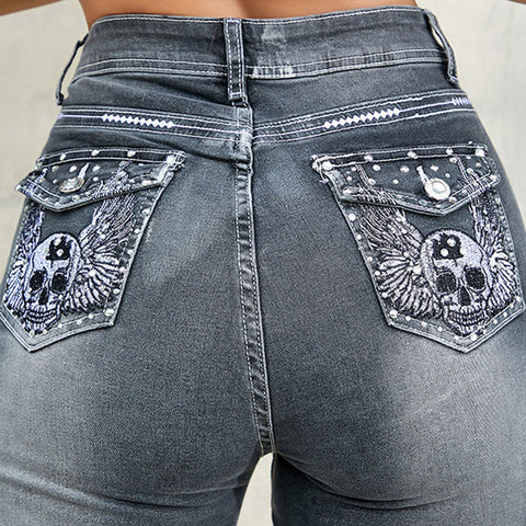 Embroidered Skull and Rhinestones Embellished Stretch Slim Straight Women's Jeans | Nomadzens