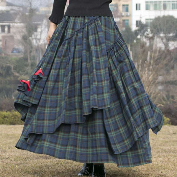 Retro Layered Irregular Hem Plaid Cotton Skirt | Nomadzens