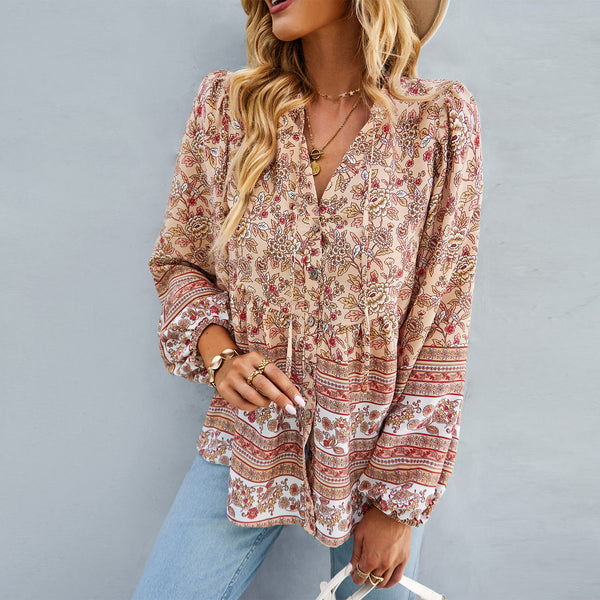 Latern Long Sleeve Boho Flower Printed Blouse Top | Nomadzens