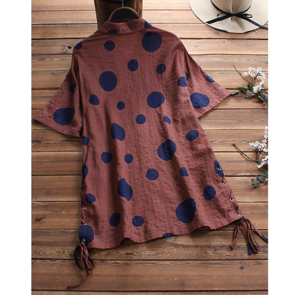 Polka Dot Lace Up Print Short Sleeve Shirt | Nomadzens