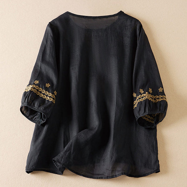 Ramie Embroidered Sleeve Retro Style Shirt | Nomadzens