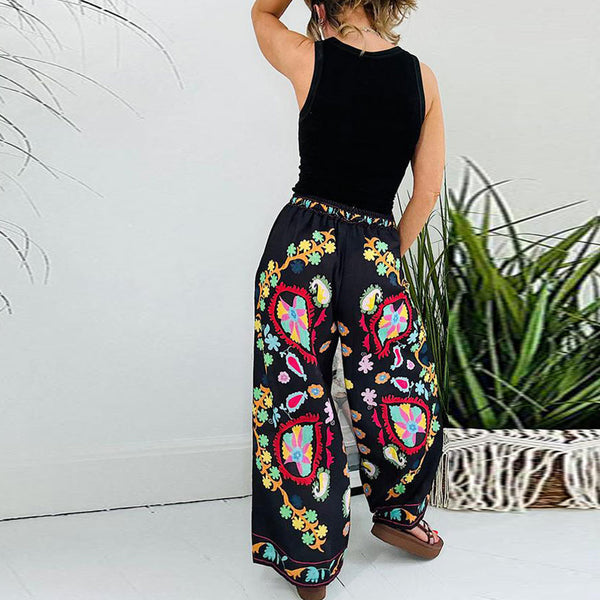 Boho Faux Denim Printed Pocket Loose Casual Printed Drawstring Pants | Nomadzens