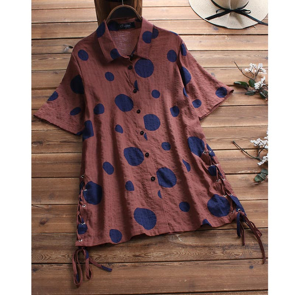 Polka Dot Lace Up Print Short Sleeve Shirt | Nomadzens